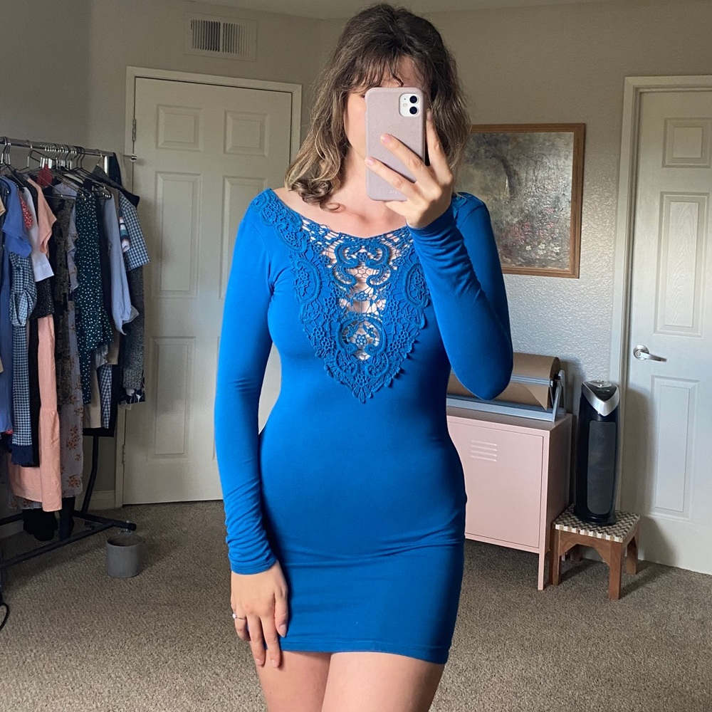 SKY | Blue Crochet front Open Back Dress